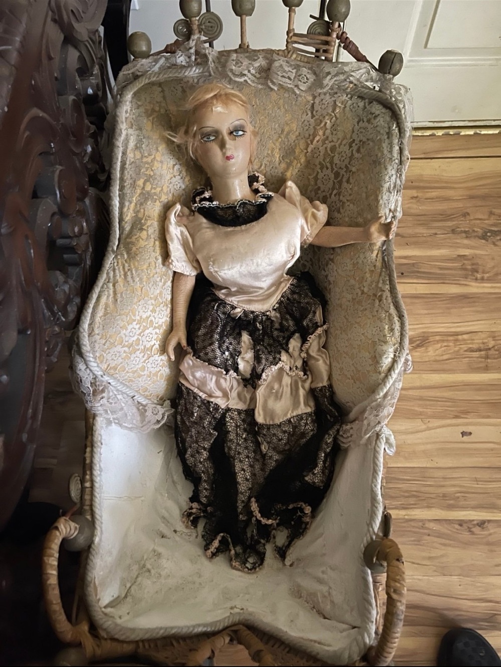 Antique 1920’s Boudoir Doll in Lace Dress Paper maiche (?) head